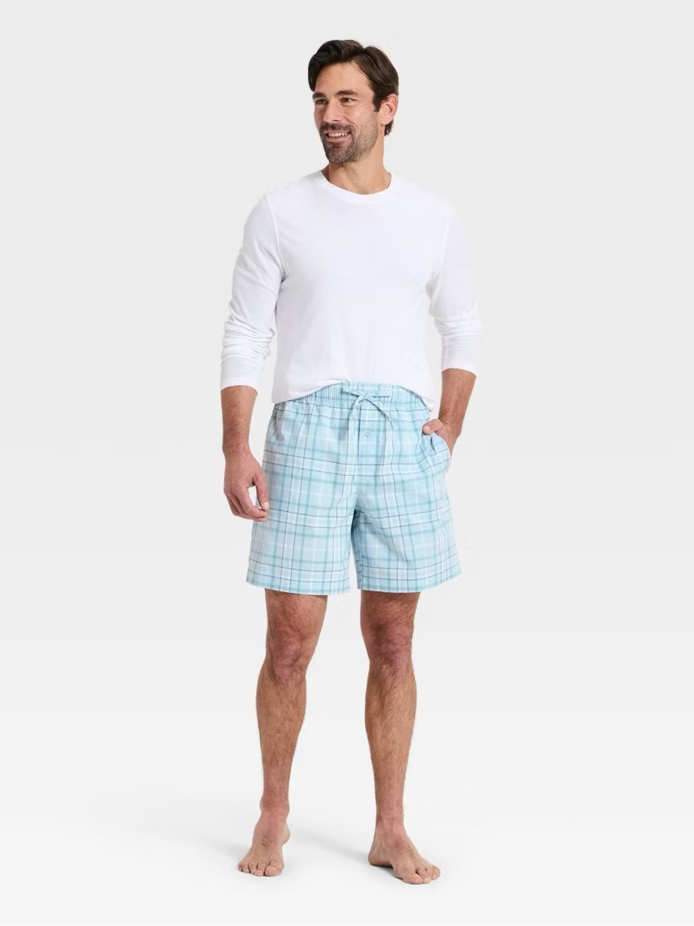 Men's Poplin Woven Pajama Shorts - Goodfellow Light Blue Plaid Size XL